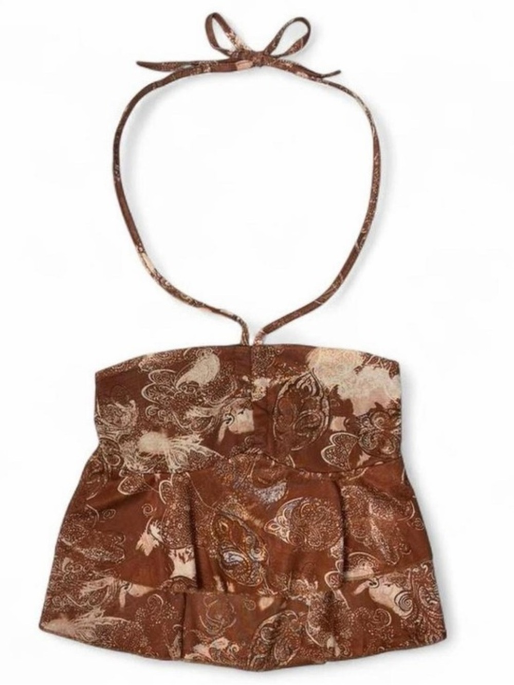 Y2K Brown Paisley Halter Babydoll Tie Top XS Boho Fairycore Coquette Festival